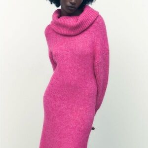 Zara Vibrant Pink Cowl Neck Sweater Dress